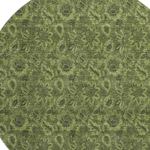 HomeRoots 8' Olive Green and Charcoal Floral Washable Round Rug - UV-Protected, Durable, Low-Maintenance Design 655075