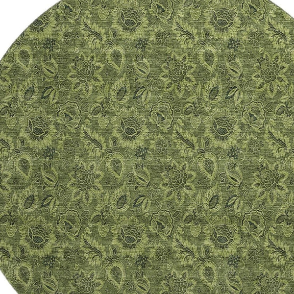 HomeRoots 8' Olive Green and Charcoal Floral Washable Round Rug - UV-Protected, Durable, Low-Maintenance Design 655075