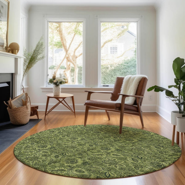 HomeRoots 8' Olive Green and Charcoal Floral Washable Round Rug - UV-Protected, Durable, Low-Maintenance Design 655075