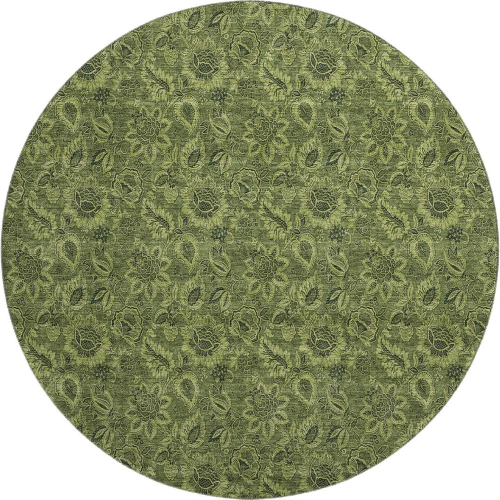 HomeRoots 8' Olive Green and Charcoal Floral Washable Round Rug - UV-Protected, Durable, Low-Maintenance Design 655075