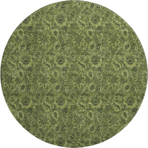 HomeRoots 8' Olive Green and Charcoal Floral Washable Round Rug - UV-Protected, Durable, Low-Maintenance Design 655075