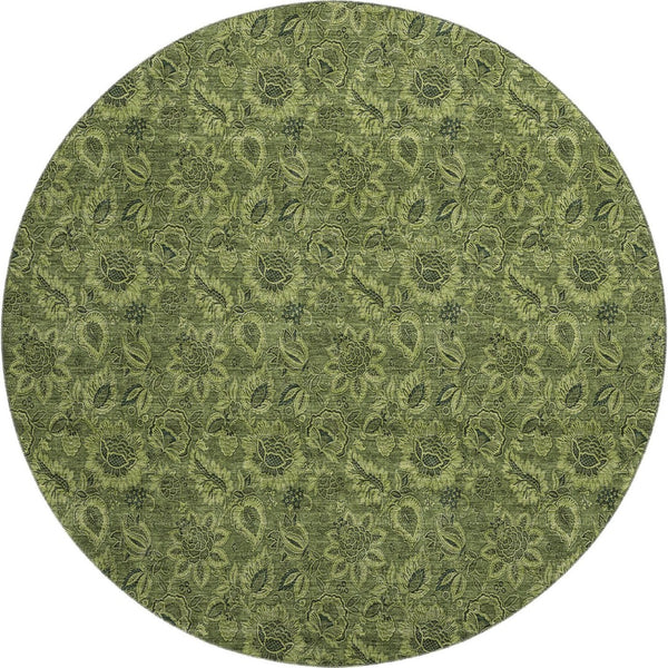 HomeRoots 8' Olive Green and Charcoal Floral Washable Round Rug - UV-Protected, Durable, Low-Maintenance Design 655075