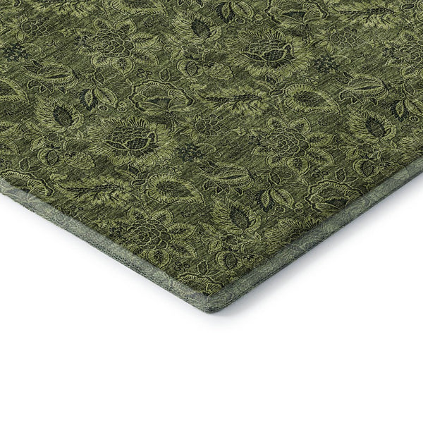 HomeRoots 8' Olive Green and Charcoal Floral Washable Round Rug - UV-Protected, Durable, Low-Maintenance Design 655075