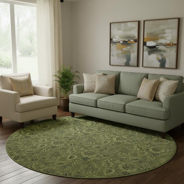HomeRoots 8' Olive Green and Charcoal Floral Washable Round Rug - UV-Protected, Durable, Low-Maintenance Design 655075