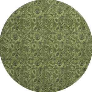 HomeRoots 8' Olive Green and Charcoal Floral Washable Round Rug - UV-Protected, Durable, Low-Maintenance Design 655075