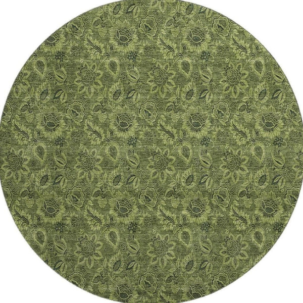 HomeRoots 8' Olive Green and Charcoal Floral Washable Round Rug - UV-Protected, Durable, Low-Maintenance Design 655075