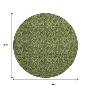 HomeRoots 8' Olive Green and Charcoal Floral Washable Round Rug - UV-Protected, Durable, Low-Maintenance Design 655075