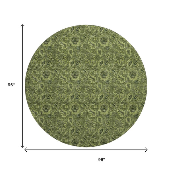 HomeRoots 8' Olive Green and Charcoal Floral Washable Round Rug - UV-Protected, Durable, Low-Maintenance Design 655075