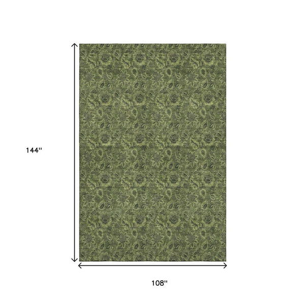 HomeRoots 9' X 12' Olive Green Floral Area Rug – Washable, UV Protected, Stain Resistant for High-Traffic Spaces 655077