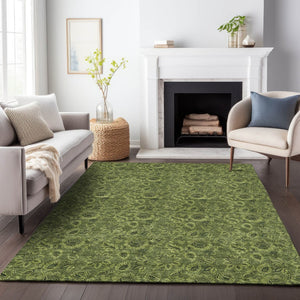 HomeRoots 9' X 12' Olive Green Floral Area Rug – Washable, UV Protected, Stain Resistant for High-Traffic Spaces 655077