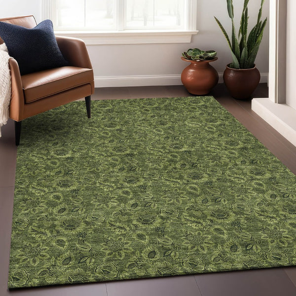 HomeRoots 9' X 12' Olive Green Floral Area Rug – Washable, UV Protected, Stain Resistant for High-Traffic Spaces 655077