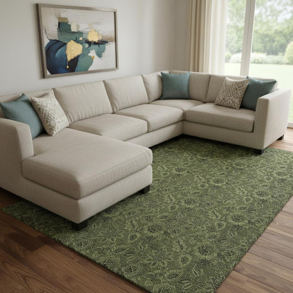 HomeRoots 10' X 14' Olive Green & Charcoal Floral Area Rug - Durable, UV-Protected, Stain-Resistant Design! 655078
