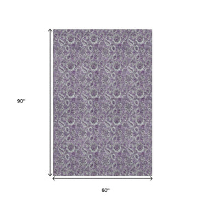 HomeRoots 5' X 8' Stylish Purple and Gray Floral Washable Area Rug with UV Protection for Homes with Kids & Pets 655080