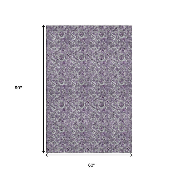 HomeRoots 5' X 8' Stylish Purple and Gray Floral Washable Area Rug with UV Protection for Homes with Kids & Pets 655080