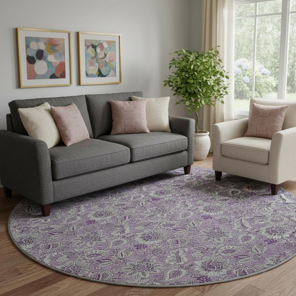 HomeRoots 8' Floral Round Rug in Purple & Gray - Washable, UV Protected, Durable, Perfect for Active Homes! 655081