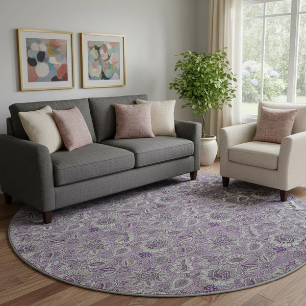 HomeRoots 8' Floral Round Rug in Purple & Gray - Washable, UV Protected, Durable, Perfect for Active Homes! 655081