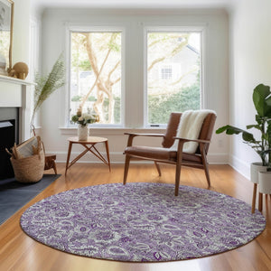 HomeRoots 8' Floral Round Rug in Purple & Gray - Washable, UV Protected, Durable, Perfect for Active Homes! 655081