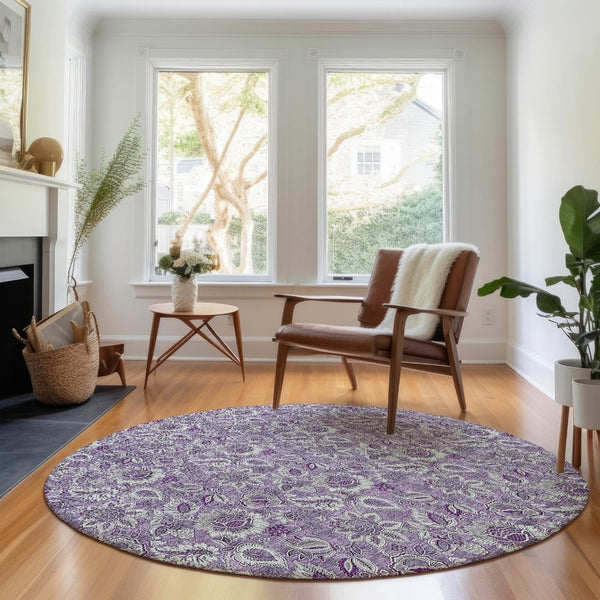 HomeRoots 8' Floral Round Rug in Purple & Gray - Washable, UV Protected, Durable, Perfect for Active Homes! 655081