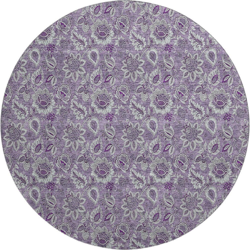 HomeRoots 8' Floral Round Rug in Purple & Gray - Washable, UV Protected, Durable, Perfect for Active Homes! 655081