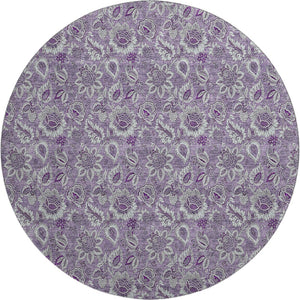 HomeRoots 8' Floral Round Rug in Purple & Gray - Washable, UV Protected, Durable, Perfect for Active Homes! 655081
