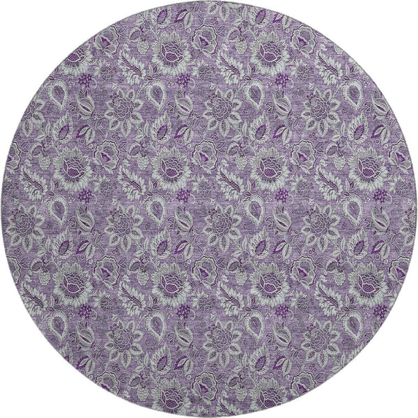 HomeRoots 8' Floral Round Rug in Purple & Gray - Washable, UV Protected, Durable, Perfect for Active Homes! 655081