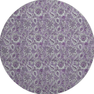 HomeRoots 8' Floral Round Rug in Purple & Gray - Washable, UV Protected, Durable, Perfect for Active Homes! 655081