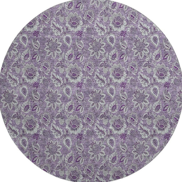 HomeRoots 8' Floral Round Rug in Purple & Gray - Washable, UV Protected, Durable, Perfect for Active Homes! 655081