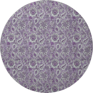 HomeRoots 8' Floral Round Rug in Purple & Gray - Washable, UV Protected, Durable, Perfect for Active Homes! 655081