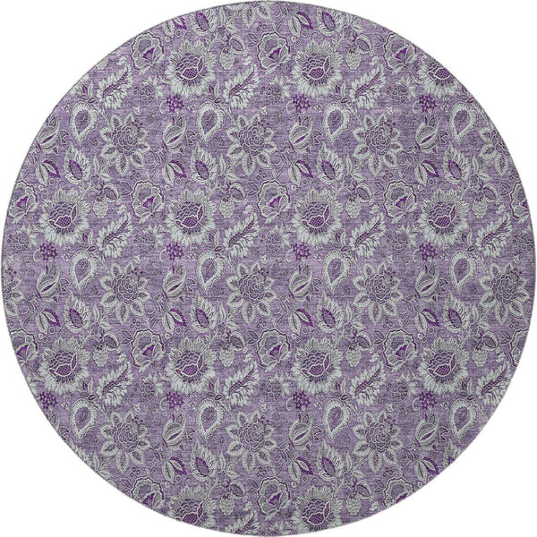 HomeRoots 8' Floral Round Rug in Purple & Gray - Washable, UV Protected, Durable, Perfect for Active Homes! 655081