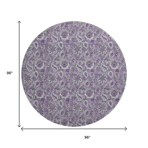 HomeRoots 8' Floral Round Rug in Purple & Gray - Washable, UV Protected, Durable, Perfect for Active Homes! 655081
