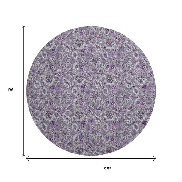 HomeRoots 8' Floral Round Rug in Purple & Gray - Washable, UV Protected, Durable, Perfect for Active Homes! 655081