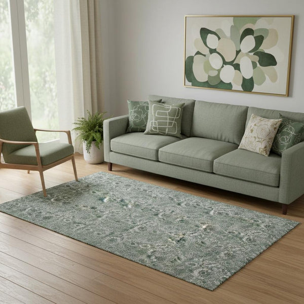 HomeRoots 5' X 8' Sage and Silver Floral Area Rug – Washable, UV Protected, Durable & Perfect for High-Traffic Spaces 655086