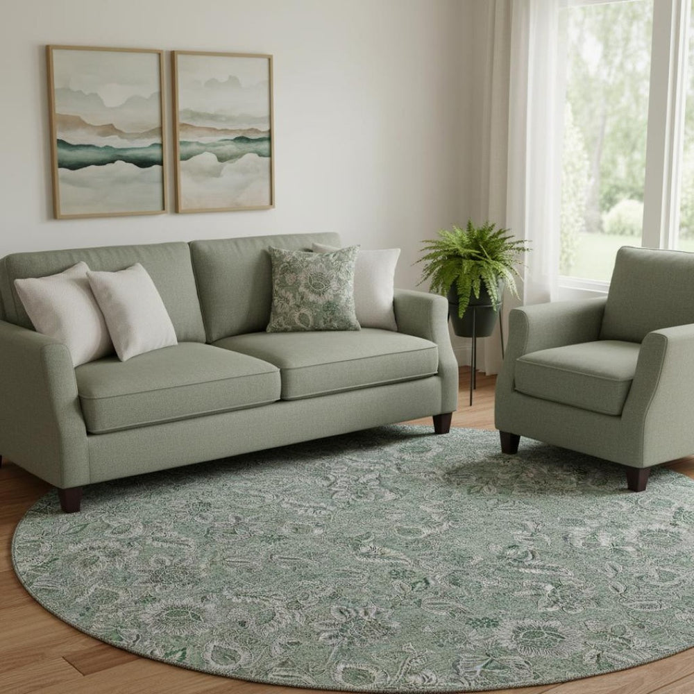 HomeRoots 8' Sage and Silver Floral Round Rug - Washable, UV Protected, Durable Design for Busy Homes 655087