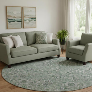 HomeRoots 8' Sage and Silver Floral Round Rug - Washable, UV Protected, Durable Design for Busy Homes 655087