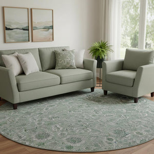 HomeRoots 8' Sage and Silver Floral Round Rug - Washable, UV Protected, Durable Design for Busy Homes 655087