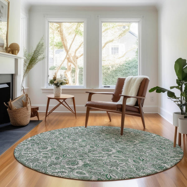 HomeRoots 8' Sage and Silver Floral Round Rug - Washable, UV Protected, Durable Design for Busy Homes 655087