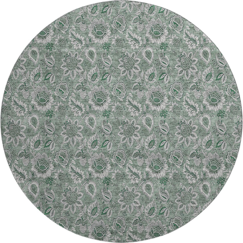 HomeRoots 8' Sage and Silver Floral Round Rug - Washable, UV Protected, Durable Design for Busy Homes 655087