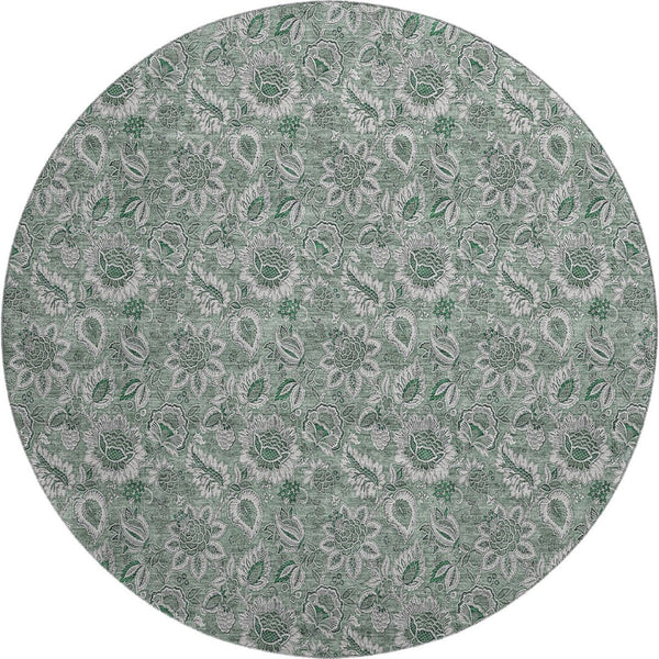 HomeRoots 8' Sage and Silver Floral Round Rug - Washable, UV Protected, Durable Design for Busy Homes 655087