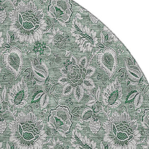 HomeRoots 8' Sage and Silver Floral Round Rug - Washable, UV Protected, Durable Design for Busy Homes 655087