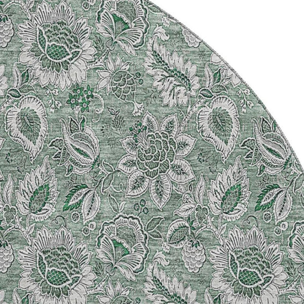 HomeRoots 8' Sage and Silver Floral Round Rug - Washable, UV Protected, Durable Design for Busy Homes 655087
