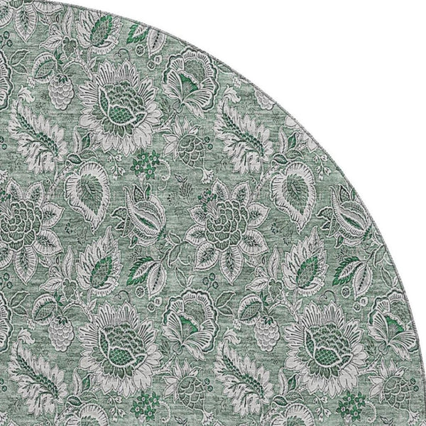 HomeRoots 8' Sage and Silver Floral Round Rug - Washable, UV Protected, Durable Design for Busy Homes 655087