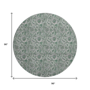 HomeRoots 8' Sage and Silver Floral Round Rug - Washable, UV Protected, Durable Design for Busy Homes 655087