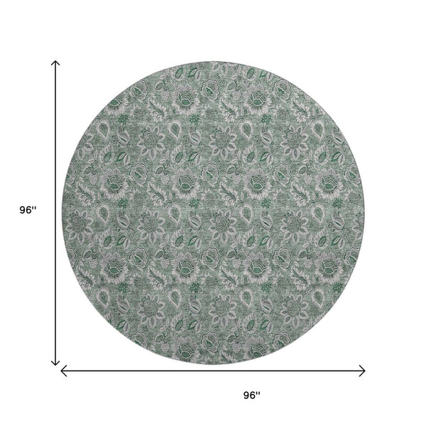 HomeRoots 8' Sage and Silver Floral Round Rug - Washable, UV Protected, Durable Design for Busy Homes 655087
