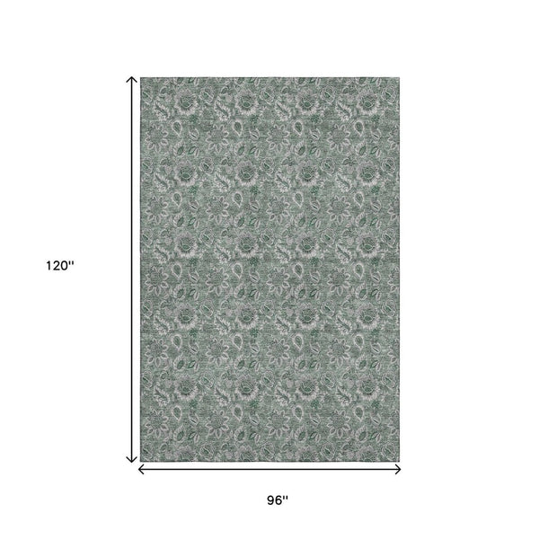 HomeRoots 8' X 10' Sage & Silver Floral Washable Area Rug - Stain Resistant, UV Protected, Stylish & Durable! 655088