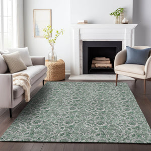 HomeRoots 8' X 10' Sage & Silver Floral Washable Area Rug - Stain Resistant, UV Protected, Stylish & Durable! 655088