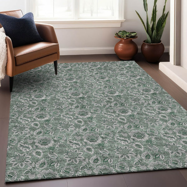 HomeRoots 8' X 10' Sage & Silver Floral Washable Area Rug - Stain Resistant, UV Protected, Stylish & Durable! 655088
