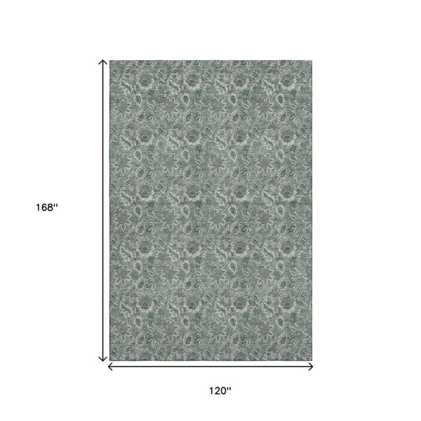 HomeRoots 10' X 14' Sage and Silver Floral Area Rug - Washable, UV Protected, Stain Resistant for Any Space 655090