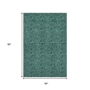 HomeRoots 5' X 8' Teal Floral Area Rug - Durable, Washable, UV Protected, Stain Resistant for Family Homes 655092