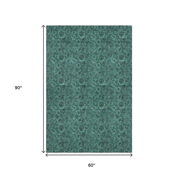 HomeRoots 5' X 8' Teal Floral Area Rug - Durable, Washable, UV Protected, Stain Resistant for Family Homes 655092