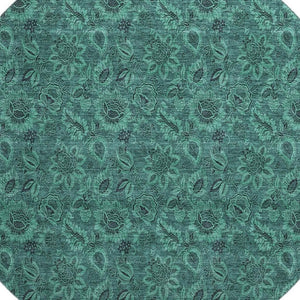 HomeRoots 8' Vibrant Teal & Charcoal Floral Washable Round Rug with UV Defense for High-Traffic Areas 655093
